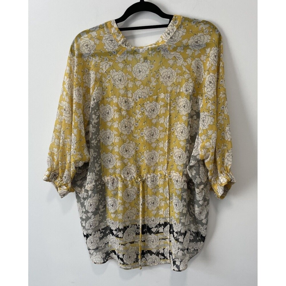 CABI Amelia Gather Top Yellow Black Floral Sheer Peasant Blouse Sz S Flowy Chic - Picture 3 of 9